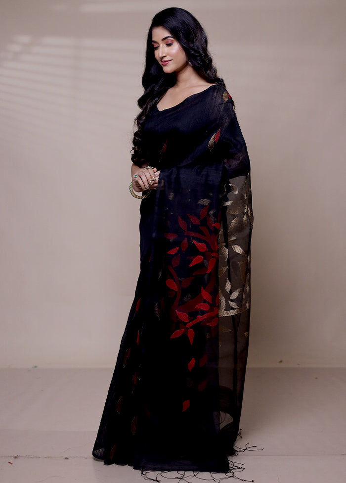 Black Handloom Matka Pure Silk Saree With Blouse Piece