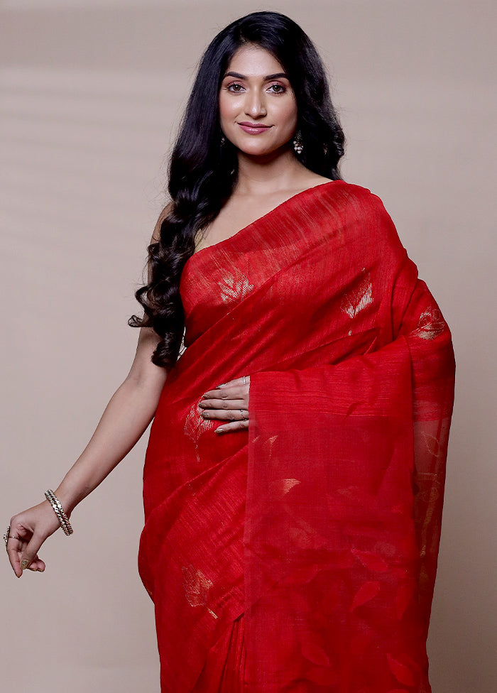 Red Handloom Matka Pure Silk Saree With Blouse Piece