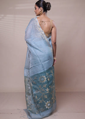 Blue Handloom Matka Pure Silk Saree With Blouse Piece