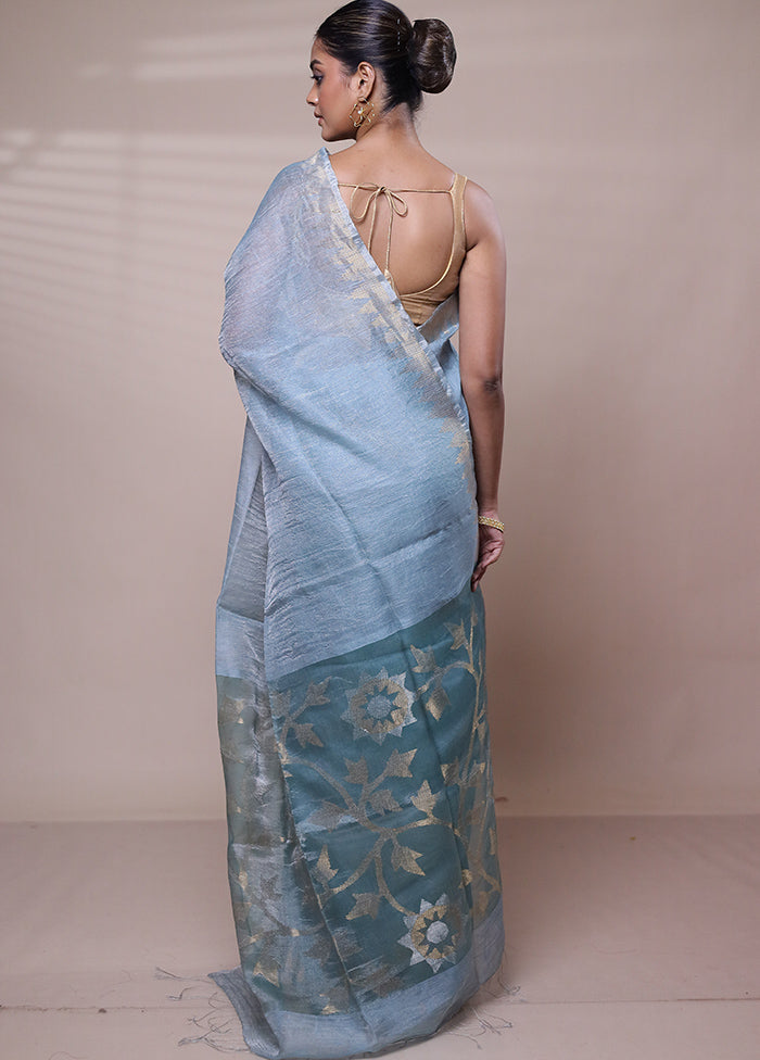 Blue Handloom Matka Pure Silk Saree With Blouse Piece