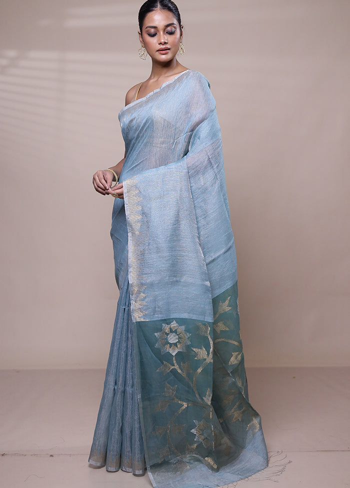 Blue Handloom Matka Pure Silk Saree With Blouse Piece