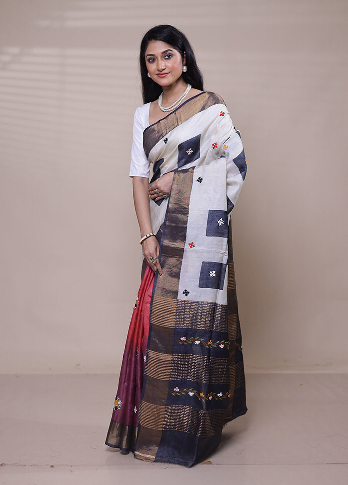 Cream Handloom Tussar Pure Silk Saree With Blouse Piece