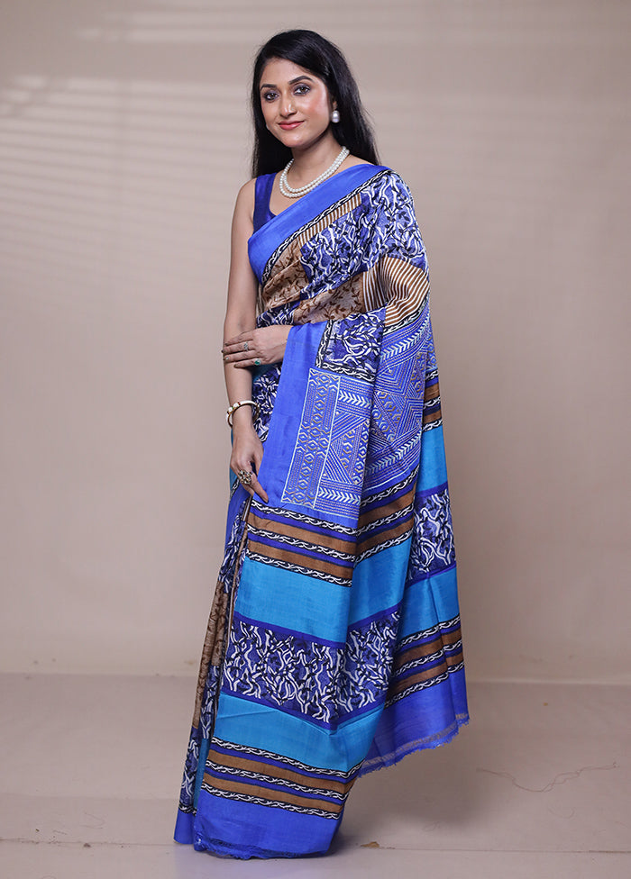 Blue Printed Pure Silk Saree Without Blouse Piece