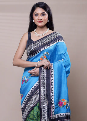 Blue Printed Pure Silk Saree Without Blouse Piece