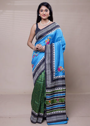 Blue Printed Pure Silk Saree Without Blouse Piece