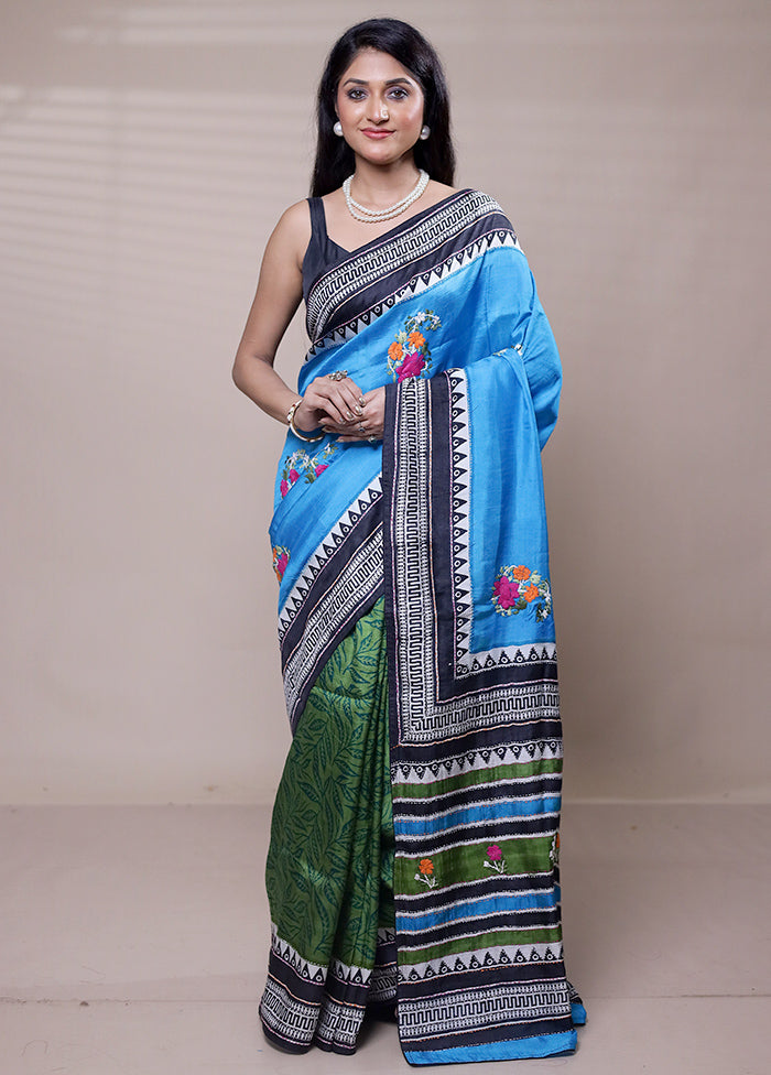 Blue Printed Pure Silk Saree Without Blouse Piece