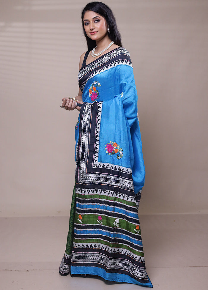 Blue Printed Pure Silk Saree Without Blouse Piece