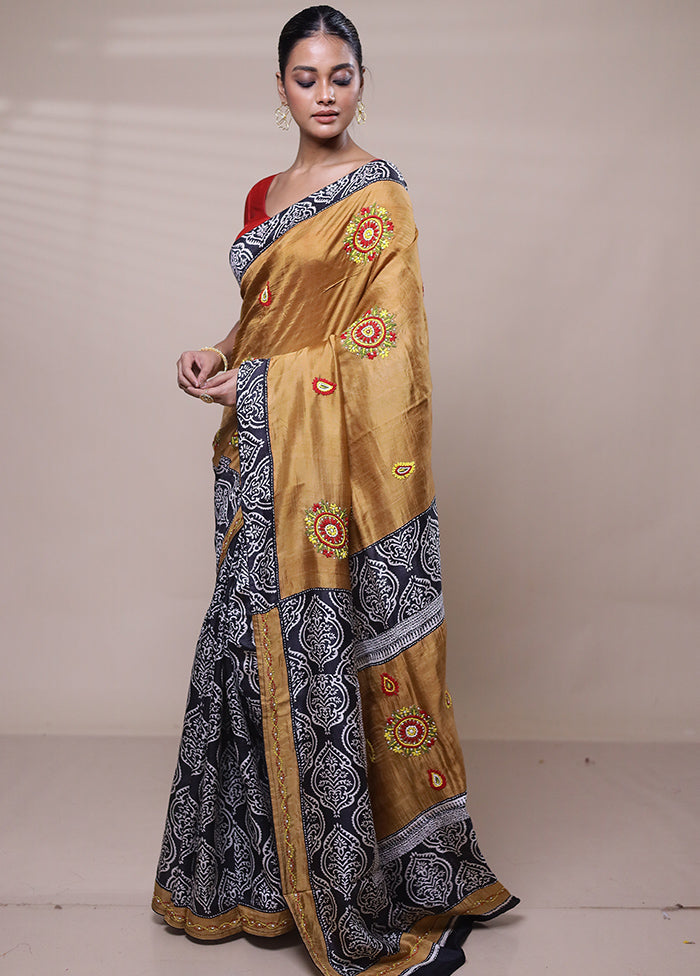 Yellow Printed Pure Silk Saree Without Blouse Piece