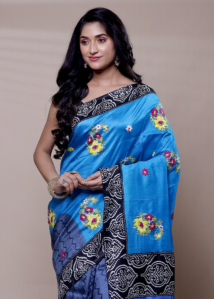 Blue Printed Pure Silk Saree Without Blouse Piece