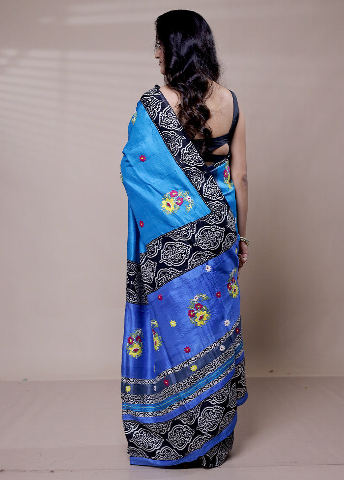 Blue Printed Pure Silk Saree Without Blouse Piece