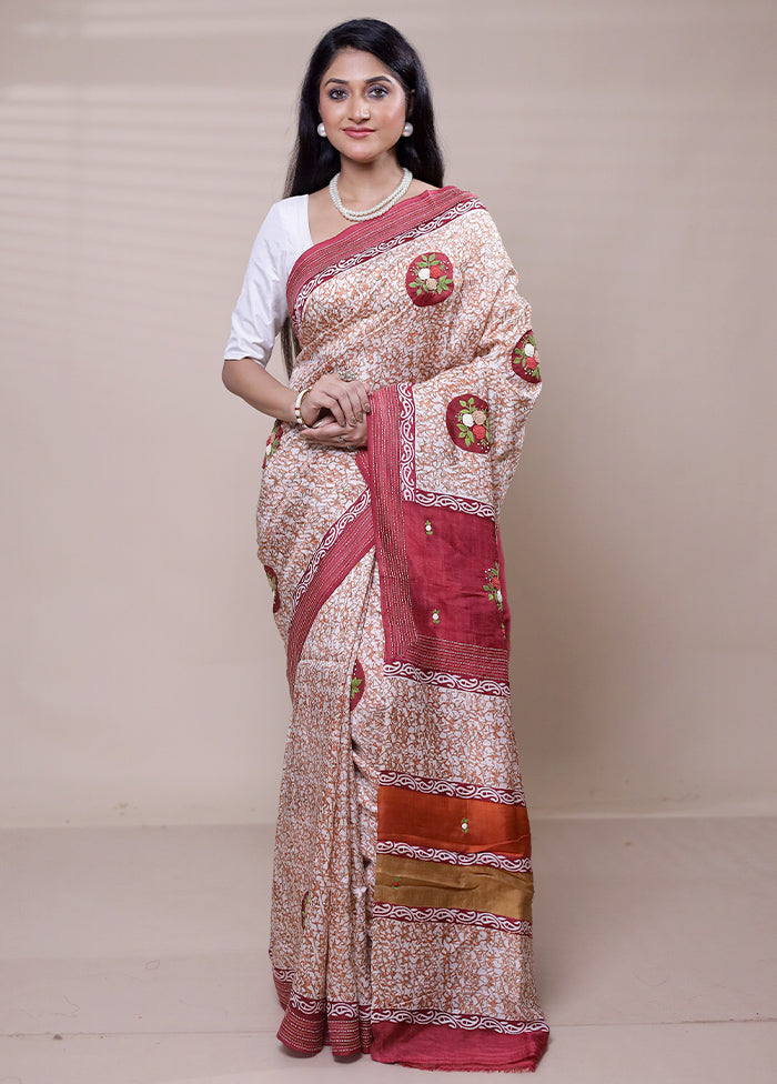 Cream Printed Pure Silk Saree Without Blouse Piece