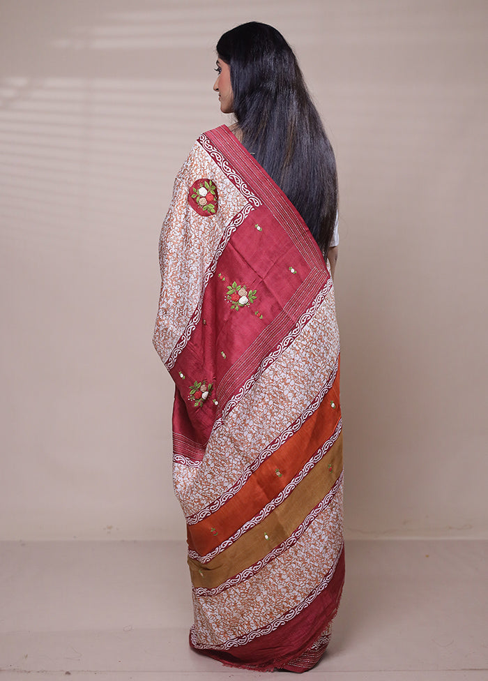 Cream Printed Pure Silk Saree Without Blouse Piece