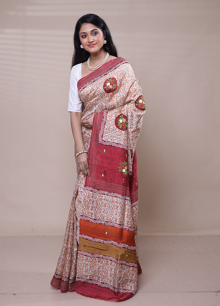 Cream Printed Pure Silk Saree Without Blouse Piece