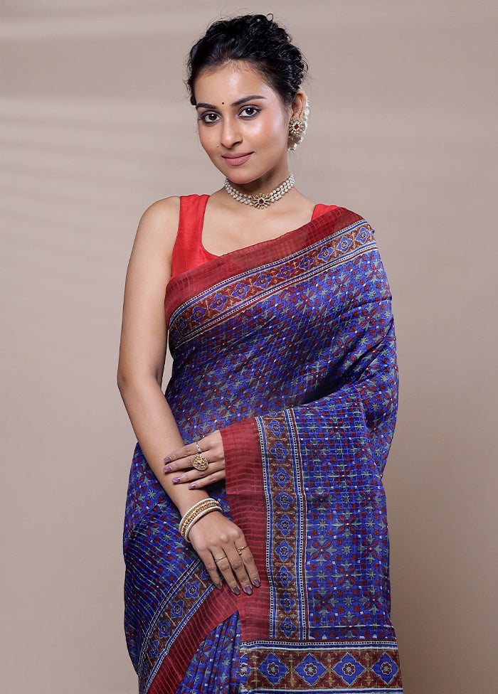 Blue Printed Pure Silk Saree Without Blouse Piece