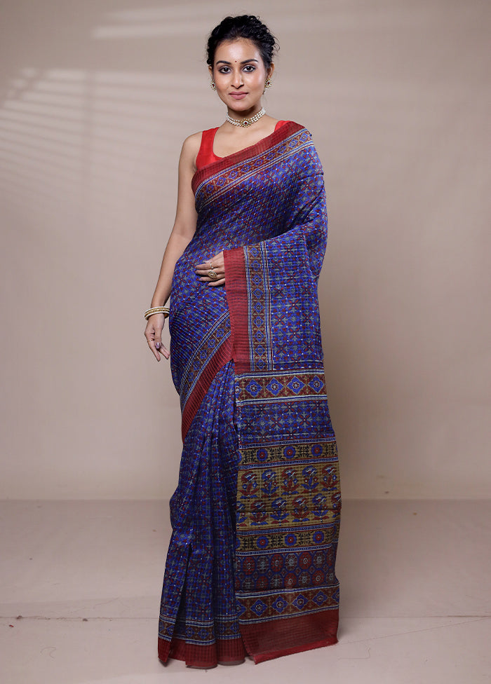 Blue Printed Pure Silk Saree Without Blouse Piece