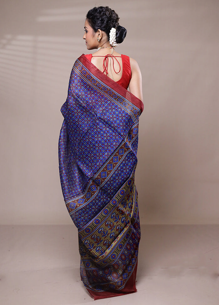 Blue Printed Pure Silk Saree Without Blouse Piece