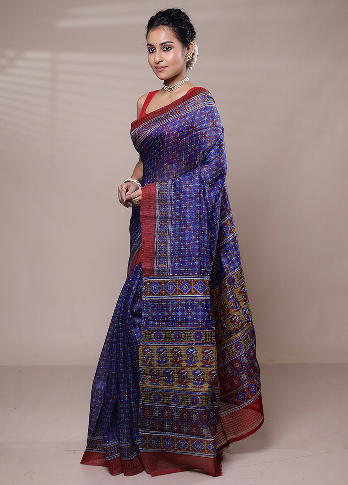 Blue Printed Pure Silk Saree Without Blouse Piece