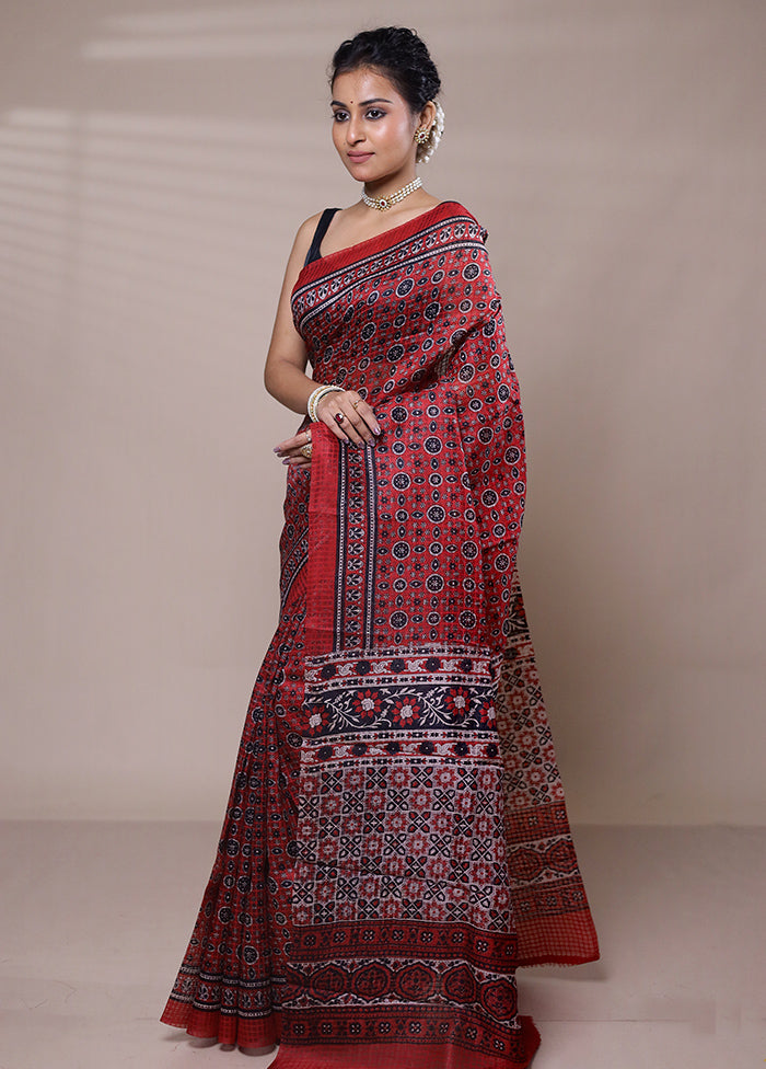 Red Printed Pure Silk Saree Without Blouse Piece