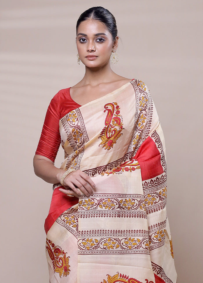 Cream Printed Pure Silk Saree Without Blouse Piece