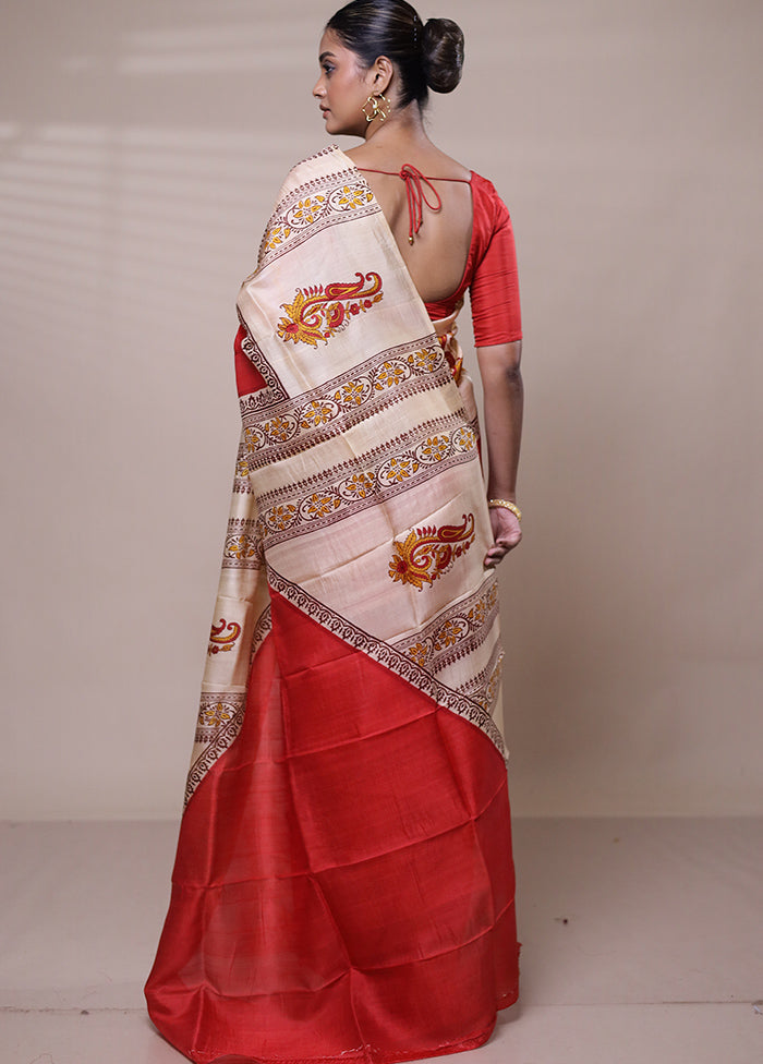 Cream Printed Pure Silk Saree Without Blouse Piece