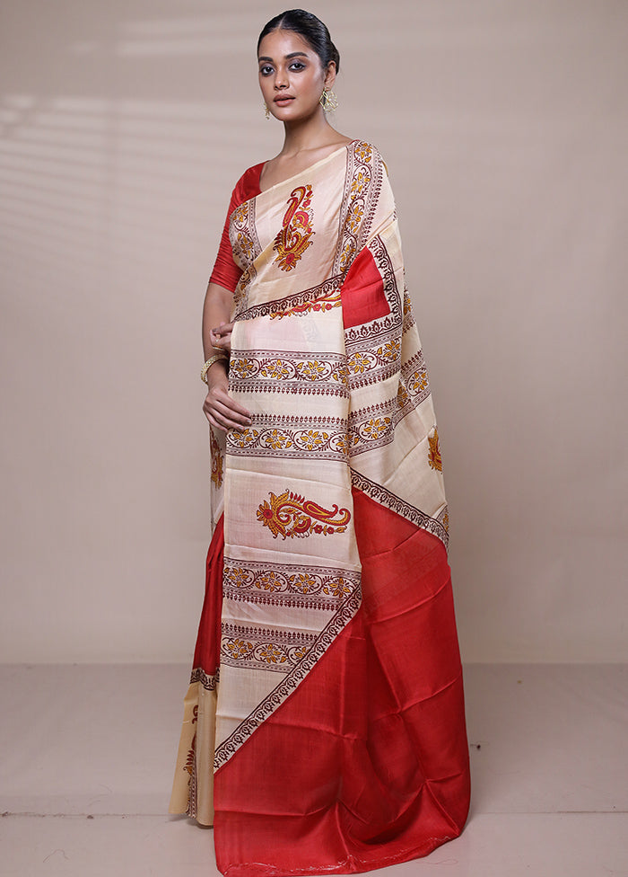 Cream Printed Pure Silk Saree Without Blouse Piece