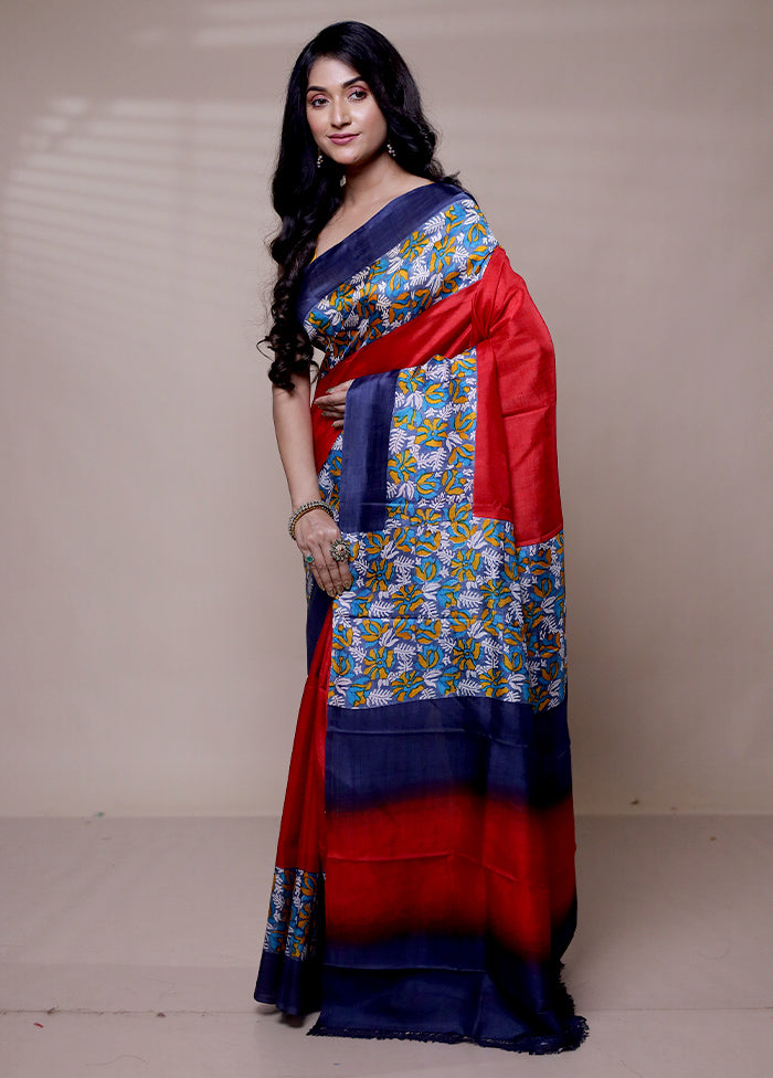 Red Printed Pure Silk Saree Without Blouse Piece