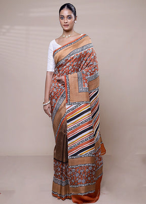 Orange Printed Pure Silk Saree Without Blouse Piece