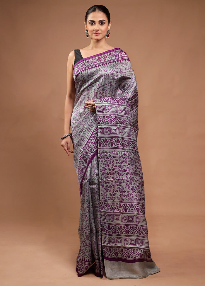 Grey Printed Pure Silk Saree Without Blouse Piece