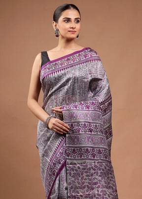 Grey Printed Pure Silk Saree Without Blouse Piece