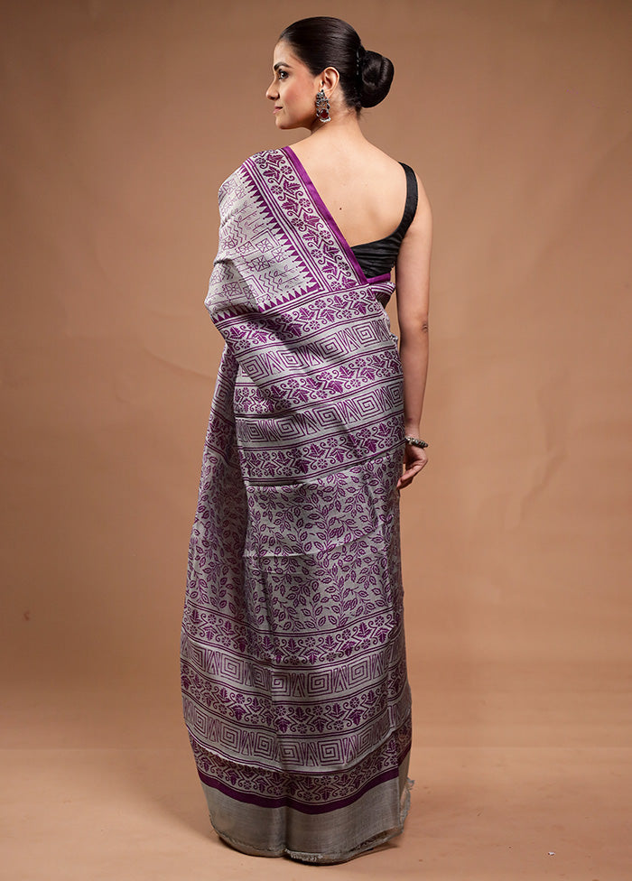 Grey Printed Pure Silk Saree Without Blouse Piece