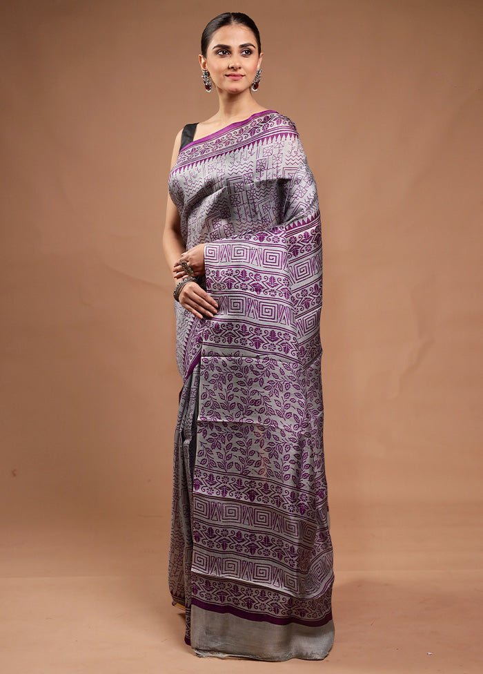 Grey Printed Pure Silk Saree Without Blouse Piece