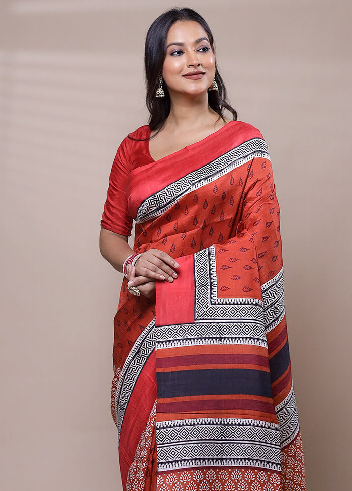 Red Printed Pure Silk Saree Without Blouse Piece