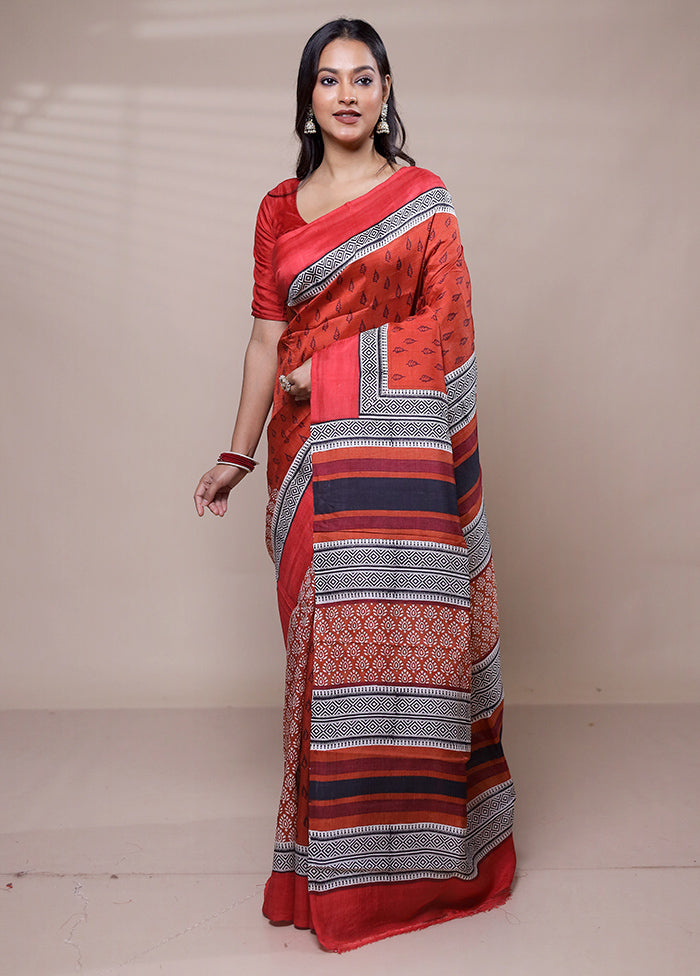 Red Printed Pure Silk Saree Without Blouse Piece