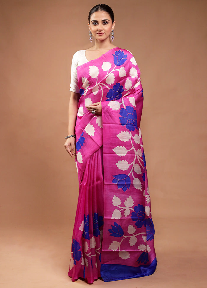 Pink Printed Pure Silk Saree Without Blouse Piece