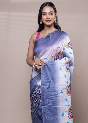 White Printed Pure Silk Saree Without Blouse Piece