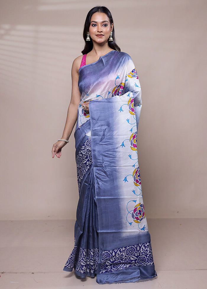 White Printed Pure Silk Saree Without Blouse Piece