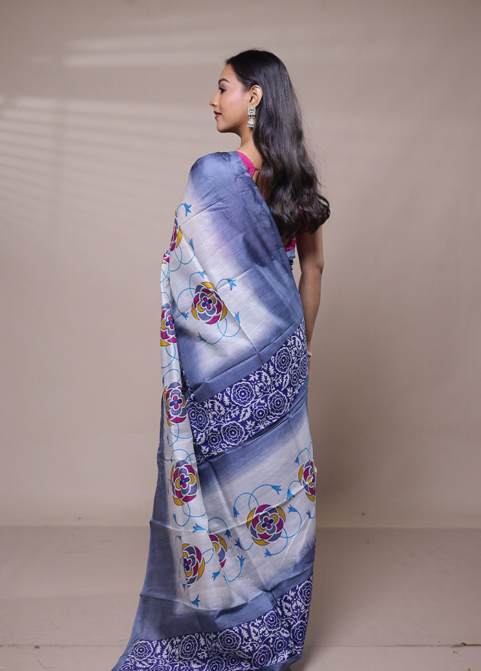 White Printed Pure Silk Saree Without Blouse Piece