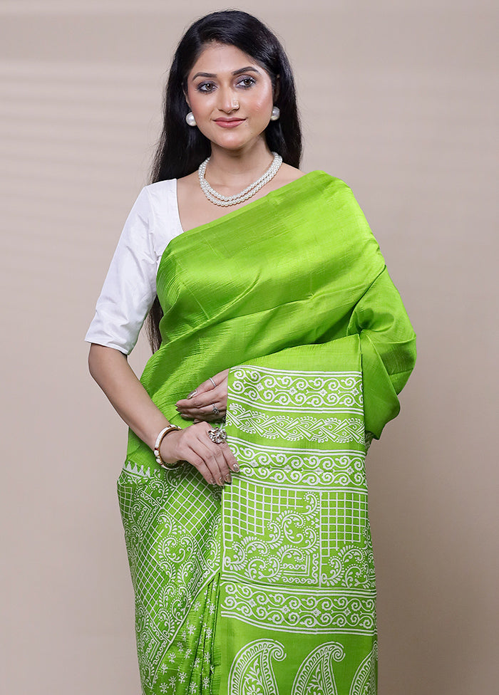 Green Printed Pure Silk Saree Without Blouse Piece