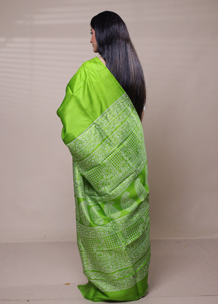 Green Printed Pure Silk Saree Without Blouse Piece