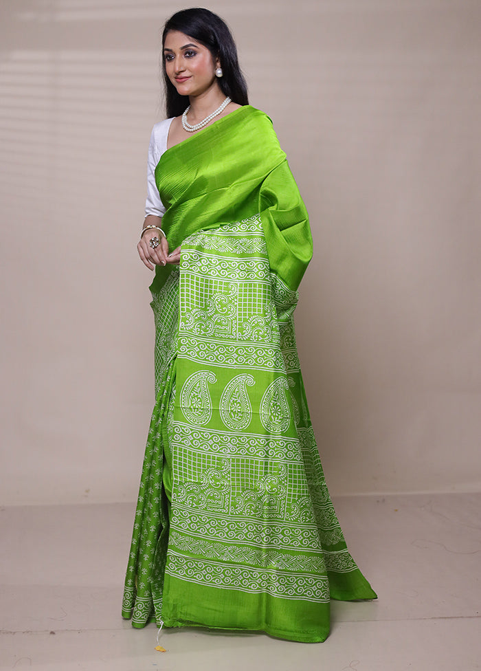 Green Printed Pure Silk Saree Without Blouse Piece