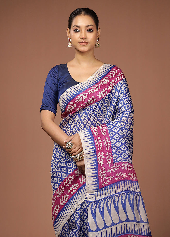Blue Printed Pure Silk Saree Without Blouse Piece