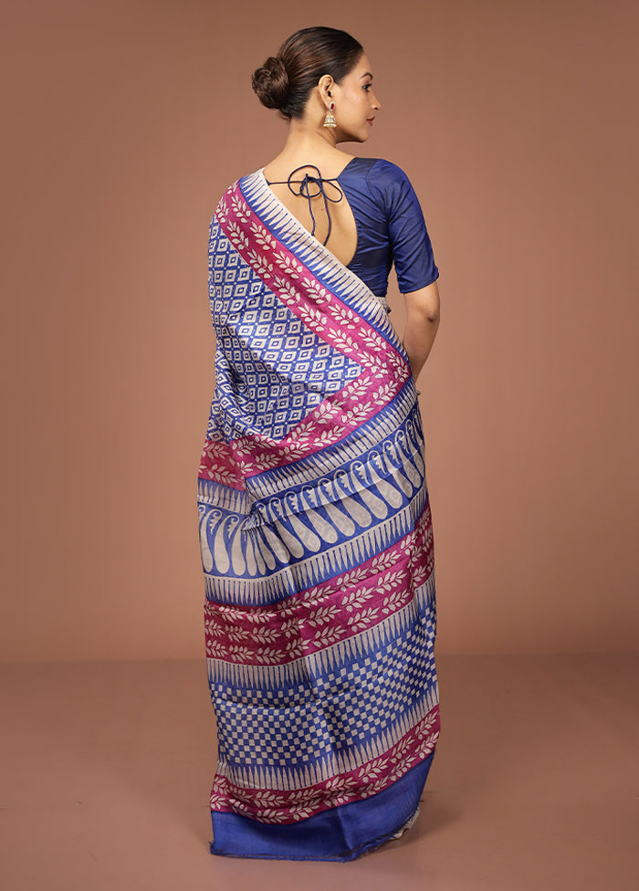 Blue Printed Pure Silk Saree Without Blouse Piece