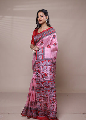 Pink Printed Pure Silk Saree Without Blouse Piece