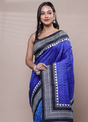 Blue Printed Pure Silk Saree Without Blouse Piece