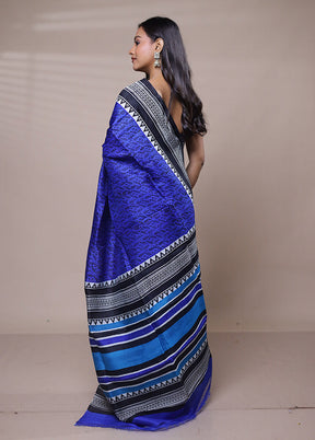 Blue Printed Pure Silk Saree Without Blouse Piece