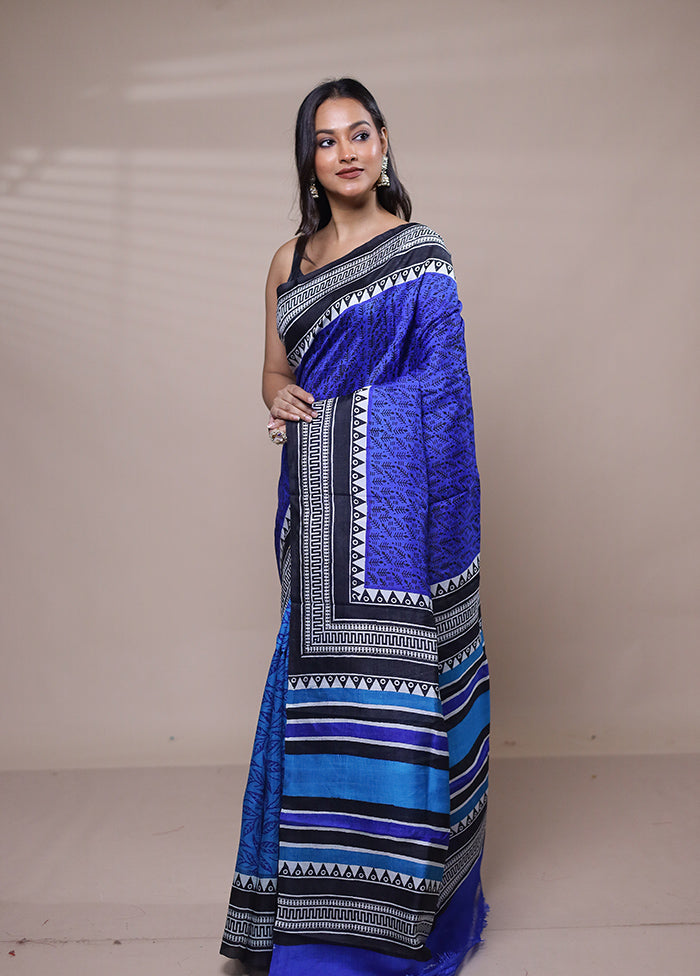 Blue Printed Pure Silk Saree Without Blouse Piece