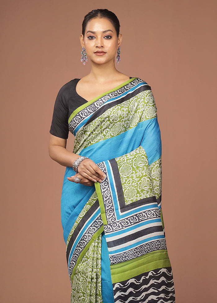 Blue Printed Pure Silk Saree Without Blouse Piece
