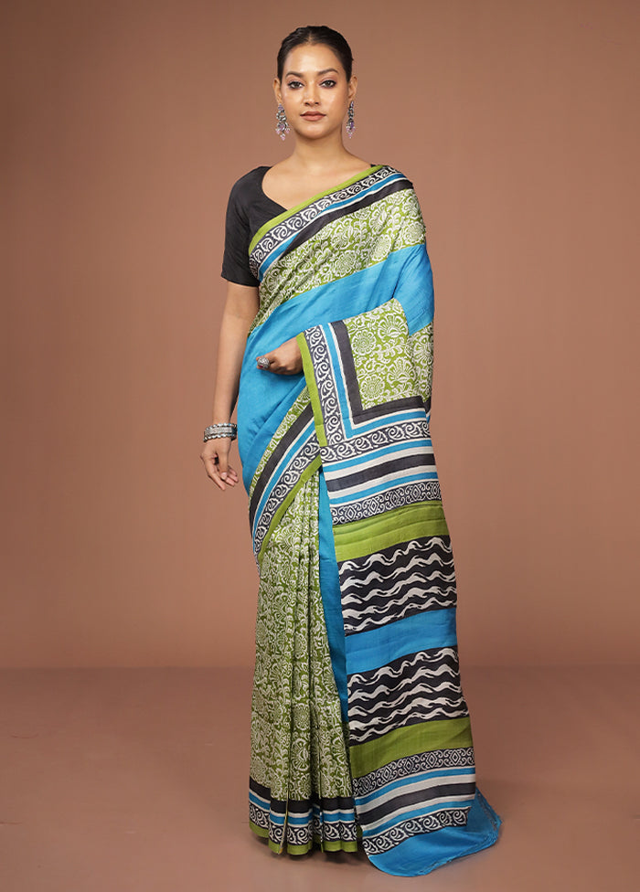 Blue Printed Pure Silk Saree Without Blouse Piece
