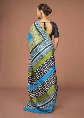 Blue Printed Pure Silk Saree Without Blouse Piece