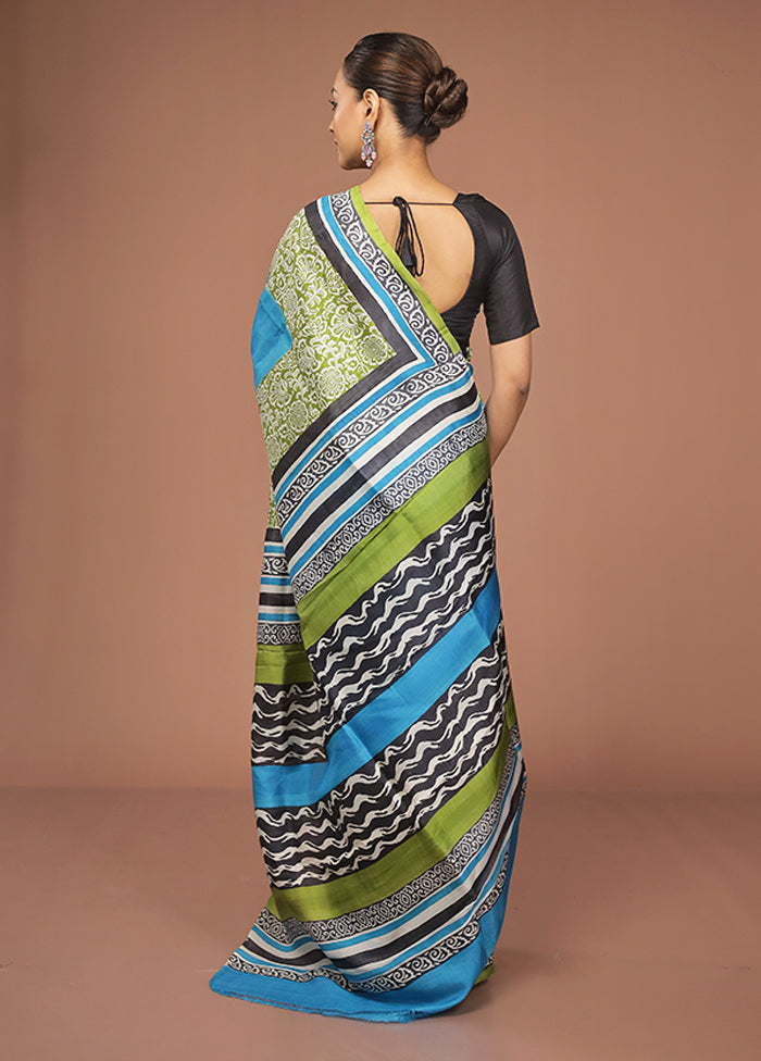 Blue Printed Pure Silk Saree Without Blouse Piece